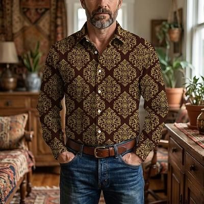 Retrò Vintage Anni '70 Camicia Camicia Aloha Lunghe Hippie Etnico Costume Per uomo Mascherata Festival Musicale Feste Abbigliamento quotidiano Adulti Camicia