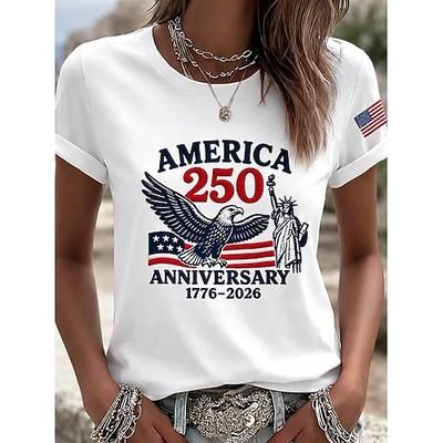 Giorno dell'Indipendenza Americana Per donna Maglietta Stampato Grafico Giornata dell'indipendenza Vintage Elegante Classico Manica Corta Girocollo Top Regolari Quotidiano Blu Nero Bianco Rosa Rosso