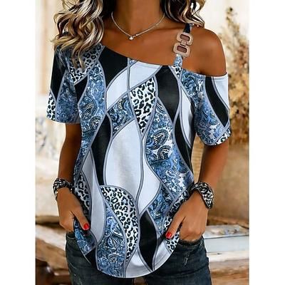 Per donna Maglietta Asimmetrico Grafico Geometrico Paisley Vintage Tropicale Hawaiano Manica Corta Collo asimmetrico Top lunghi Matrimonio in Spiaggia Quotidiano Sportivo Blu Rosa Verde Cachi Estate