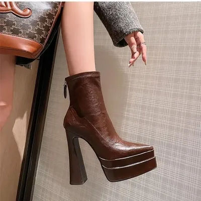 Super haut talon femmes automne et hiver nouveau bout pointu bloc talon plate-forme mode bottes plate-forme femme chaussons hauts