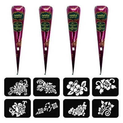 4 Pcs Natural Organic Black Brown Henna Cream With One-time Removable Sticker Set Neeta Henna Tattoo Cone Girl Temporary Tattoo