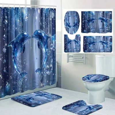 4/1 Crystal Dolphin Shower Curtain Set, Toilet Seat Decoration, Shower Curtain with Carpet and Toilet Lid, Size 70.8x70.8 inches