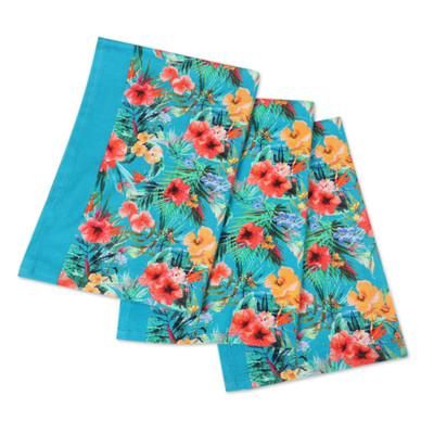 Floral Affection,'Set of 3 Turquoise Cotton Dish Towels with Floral Motifs'