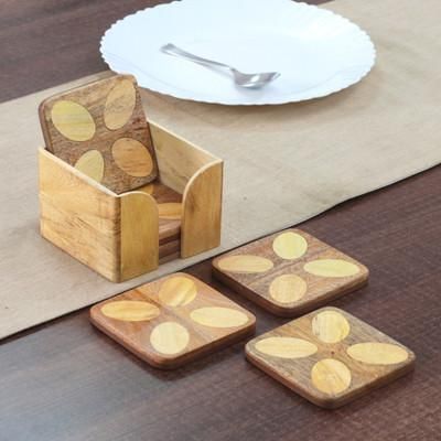 'Floral-Inspired Hand-Carved 6-Piece Natural Wood Coaster Set'