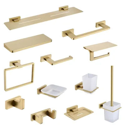 High Quality Brushed Gold Wall Mounted Towel Bar Toilet Paper Holder Robe Towel Hooks Towel Rack Bathroom Accessories Kit