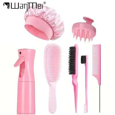 5/7pcs Hair Care Kit Tangled Hollow Out Comb with Rat Tail Edge Control Brush Spray Bottle Soft Satin Sleeping Cap Styling Tools
