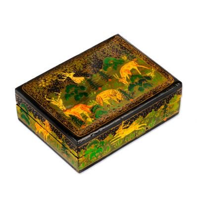 'Hand-Painted Black Wood Papier Mache Decorative Box'