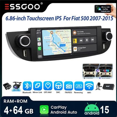 ESSGOO Autoradio Android 15 6,86 pouces 4+64G avec Bluetooth pour Fiat 500 Abarth 2007-2015, CarPlay sans fil 2+64G, GPS, double USB, WiFi, RDS