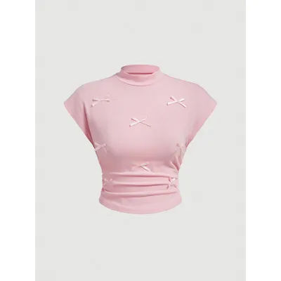 T-shirt à manches courtes et col mi-haut pour femme, pull Slim à manches volantes, avec nœud doux, Explosion, printemps et été