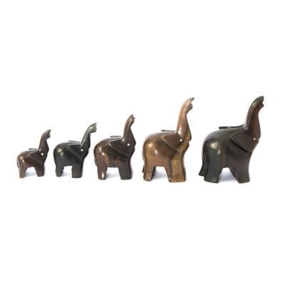 '5 Modern Hand-Carved Elephant Family Ebony Wood Figurines'