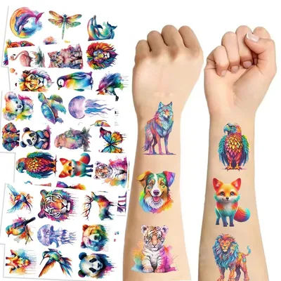 10pcs Cartoon Colored Watercolor Animals Temporary Waterproof Tattoo Kids Stickers DIY Face Body Transfer Fun Party Gift