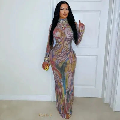 Designer Performance Outfit Long Sleeve Water-Media Net Diamond-Heated Sexy High-Elastic Birthday Dance Party Gown