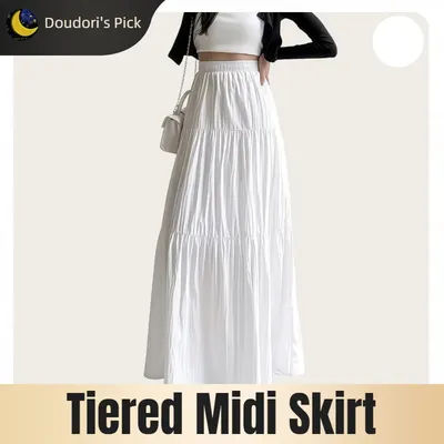 Jupe midi blanche superposée à taille haute et bande élastique, style décontracté coréen pour femme, printemps et été