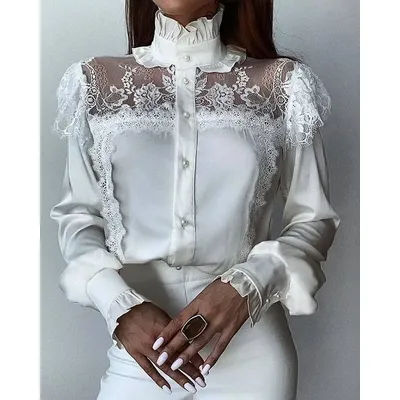 Femmes dentelle couleur unie chemise décontractée blanc col haut maille dentelle couture filandreux volants petit haut chemisier nouveau