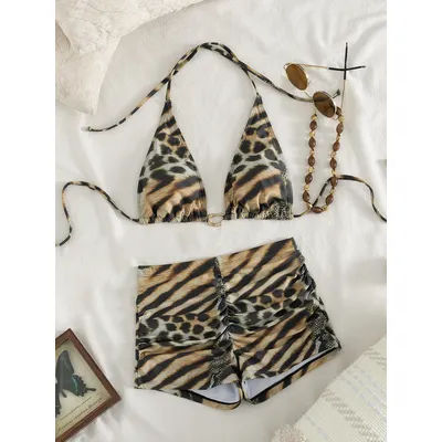Ensemble bikini imprimé léopard et zèbre pour femmes, haut triangulaire à col licou avec short froncé taille haute, maillot de bain deux pièces pour les vacances à la plage