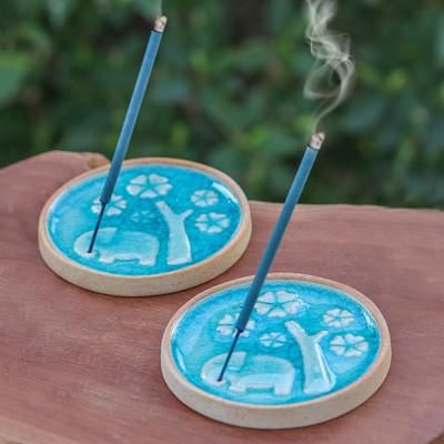 'Nature-Themed Blue and Ivory Ceramic Incense Holders (Pair)'
