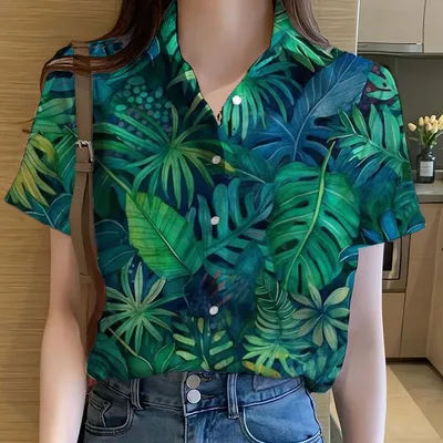 Chemises pour femmes feuilles de plantes tropicales 3D imprimé hauts décontracté hawaïen à manches courtes bouton chemise de plage été y2k vêtements pour femmes