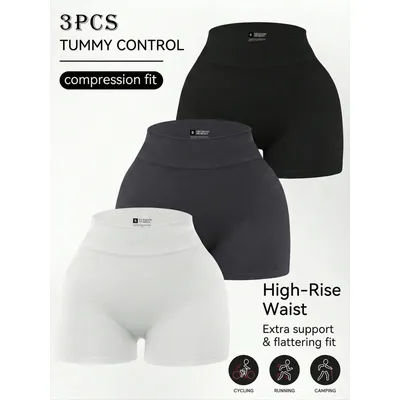 Lot de 3 shorts de sport taille haute pour femme, couleur unie, pour entraînement quotidien, gym, course et yoga, noir