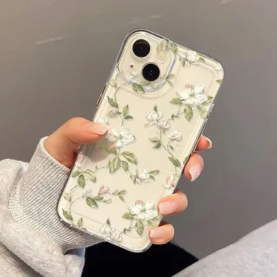 Coque de téléphone transparente avec des feuilles vertes et des fleurs blanches, compatible avec iPhone 17 Air Pro Max 16 15 14 13 12 11 XS Xr X 7 8 12/13 Mini Plus Pro Max Se Series. Cadeau Parfait