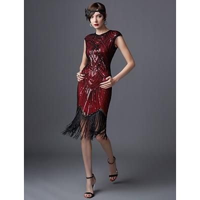Anni Ruggenti Anni 1920 Lunghezza al ginocchio Vestito Abito Flapper Abito da Ballo Cortissima Il grande Gatsby Charleston Paillettes Patchwork Scollo Tondo Costume Per donna Balli di fine anno Festa