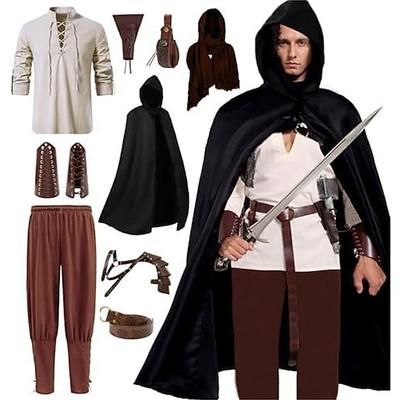 Medievale Rinascimento Pantaloni Mantello Cintura in Vita Lunghe Arciere Ranger Costume Per uomo Vichingo Mascherata Feste Adulti Camicia Pantaloni Mantello
