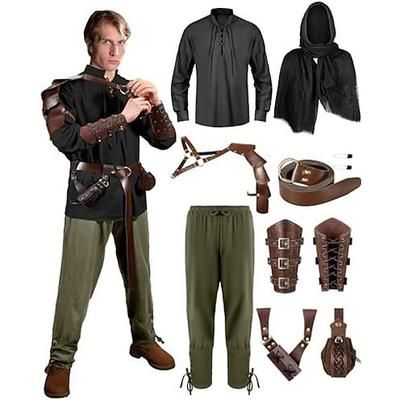 Medievale Rinascimento Pantaloni Camicia Mantello con Cappuccio Lunghe Arciere Pirata Ranger Allacciato Costume Per uomo Costumi da pirata Mascherata Feste Fiera Rinascimentale LARP Adulti Camicia