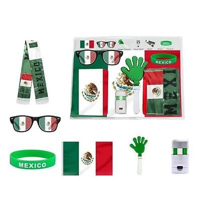 Set di 6 accessori per tifosi della Coppa del Mondo di calcio estiva: bandiera, occhiali da tifoso, ciak, pittura per il viso, oggetti di scena per i tifosi di calcio per la festa del giorno della