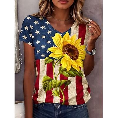 Giorno dell'Indipendenza Americana Per donna Maglietta Stampato Grafico Bandiera Vintage Elegante Classico Manica Corta Scollo a V Top Regolari Quotidiano Blu Estate Primavera