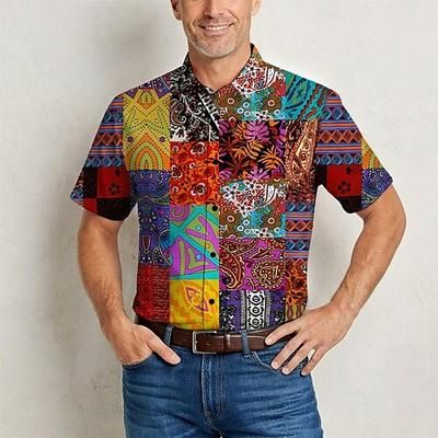 Retrò Vintage Hippie Anni '70 Camicia Maniche corte Hippie Patchwork Stile Boho Etnico Costume Per uomo Festival Musicale Feste Abbigliamento quotidiano Adulti Camicia Primavera Estate