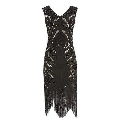 Vintage Anni Ruggenti Anni 1920 Lunghezza al ginocchio Vestito Abito Flapper Senza maniche Il grande Gatsby Charleston Paillettes Frangia con nappe Costume Per donna Halloween Carnevale speakeasy