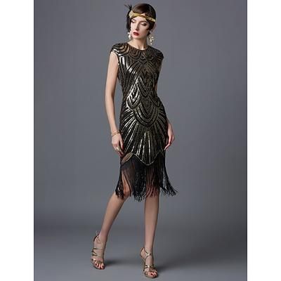 Anni Ruggenti Anni 1920 Lunghezza al ginocchio Vestito Abito Flapper Abito da Ballo Cortissima Il grande Gatsby Charleston Paillettes Patchwork Scollo Tondo Costume Per donna Balli di fine anno Festa