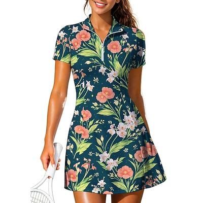 Per donna Piante Floreale Abito da tennis Abito sportivo Manica Corta Cerniera Stampato Traspirante Tennis Golf Badminton Colletto Colletto Polo Vestito Bianco e blu Nero Blu marino Abbigliamento da