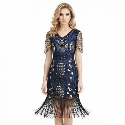 Vintage Anni Ruggenti Anni 1920 Lunghezza al ginocchio Vestito Abito Flapper Maniche corte Il grande Gatsby Charleston Paillettes Frangia con nappe Costume Per donna Halloween Carnevale speakeasy