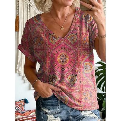 Per donna Maglietta Stampato Grafico Geometrico Vintage Elegante Classico Manica Corta Scollo a V Top Regolari Quotidiano Palestra Uscire Rosa Vino Estate Primavera