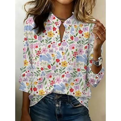 Per donna Camicia Floreale Grafico Vintage Elegante Manica Lunga Collare Peter Pan Top Regolari Quotidiano Ferie Uscire Blu Bianco Viola Estate Primavera