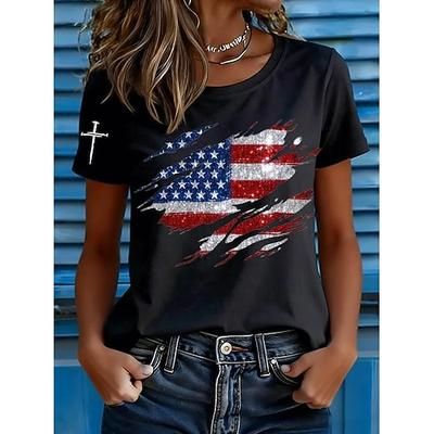 Giorno dell'Indipendenza Americana Per donna Maglietta Stampato Grafico Bandiera Americana Vintage Elegante Classico Manica Corta Girocollo Top Regolari Casuale Quotidiano Blu Nero Bianco Rosso Grigio