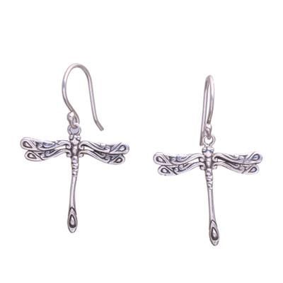 Elegance of the Dragonflies,'Handcrafted Sterling Silver Dragonfly Wings Dangle Earrings'