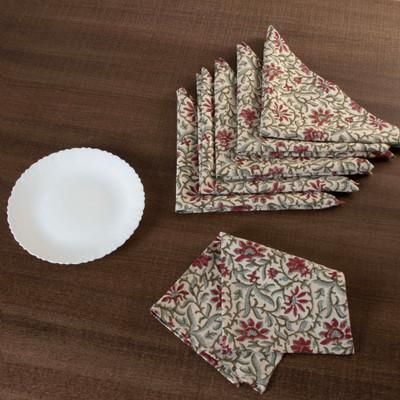 'Set of 6 Floral-Patterned Red and Green 100% Cotton Napkins'