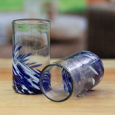 Modern Blue,'White Blue Handblown Recycled Glass Highball Glasses (Pair)'
