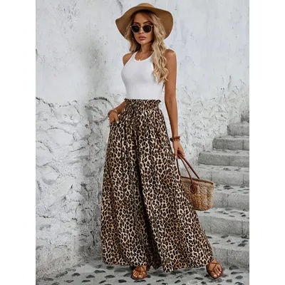 Vêtements décontractés pour femmes pour toutes les saisons, imprimé léopard, taille haute confortable, taille élastique, pantalon à jambes larges