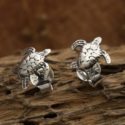 'Sea Turtle-Shaped Sterling Silver Stud Earrings Made in Bali'