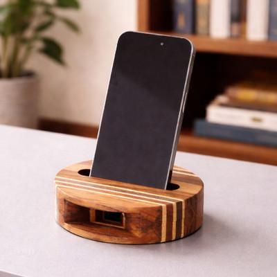 'Hand-Carved Wood Acoustic Phone Speaker with Striped Pattern'