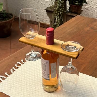 'Avant-Garde Hand-Carved Teak Wood Bottle and Glass Holder'