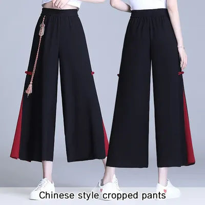 Pantalon à Jambes Larges en Mousseline de Soie pour Femme, Vêtement Style Ethnique Élégant, Fendu sur le Côté, Baggy, Taille Haute