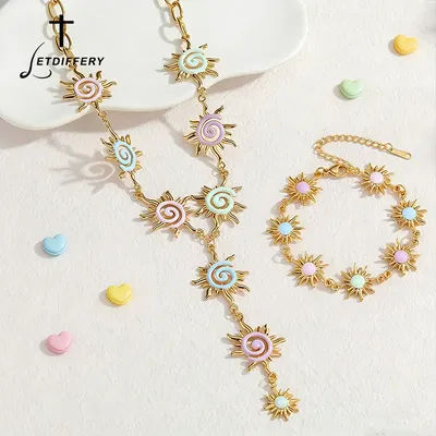 Letdiffery Official Store Distinctive Stainless Steel Necklace Colorful Sun Chain Bracelet Golden Fashion Jewelry Set for Women