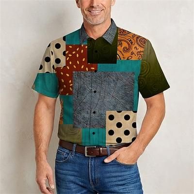 Retrò Vintage Hippie Anni '70 Camicia Maniche corte Hippie Patchwork Costume Per uomo Festival Musicale Feste Abbigliamento quotidiano Adulti Camicia Primavera Estate