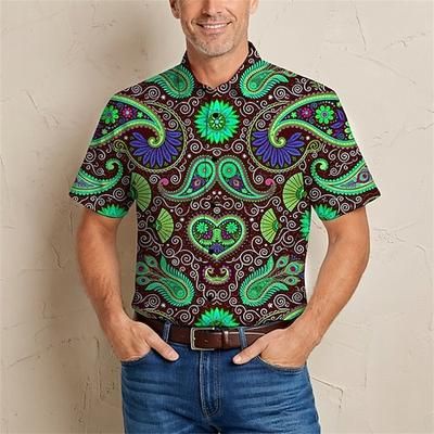 Retrò Vintage Hippie Anni '70 Camicia Maniche corte Hippie Paisley Costume Per uomo Festival Musicale Feste Abbigliamento quotidiano Adulti Camicia Primavera Estate
