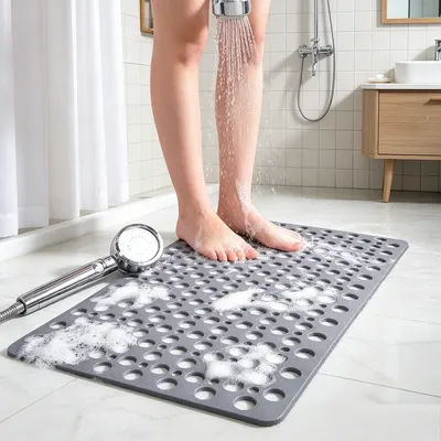 Suction Cup Non Slip Bath Mat Quick Drain Shower Rug With Massage Ring Round Hole Bathroom Accessory