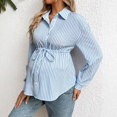 Chemisier à rayures pour femmes enceintes, hauts à manches longues avec revers et taille lacée, vêtements décontractés de printemps et d'automne pour la grossesse
