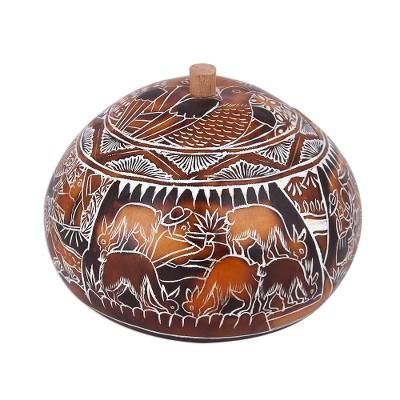 Harvest Festival,'Hand Carved Gourd Decorative Box with Harvest Festival Scene'